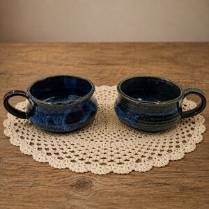 Vtg Signed Handmade Pottery Soup Bowls /Mugs Set of 2 Blue Glazed Stoneware 2005